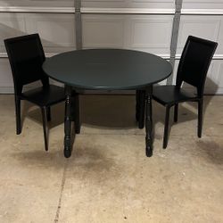 Gorgeous Dark Green Table & 2-Black Leather Chairs 