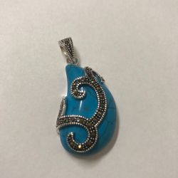 925 sterling silver and marcasite turquoise pendant 50mm