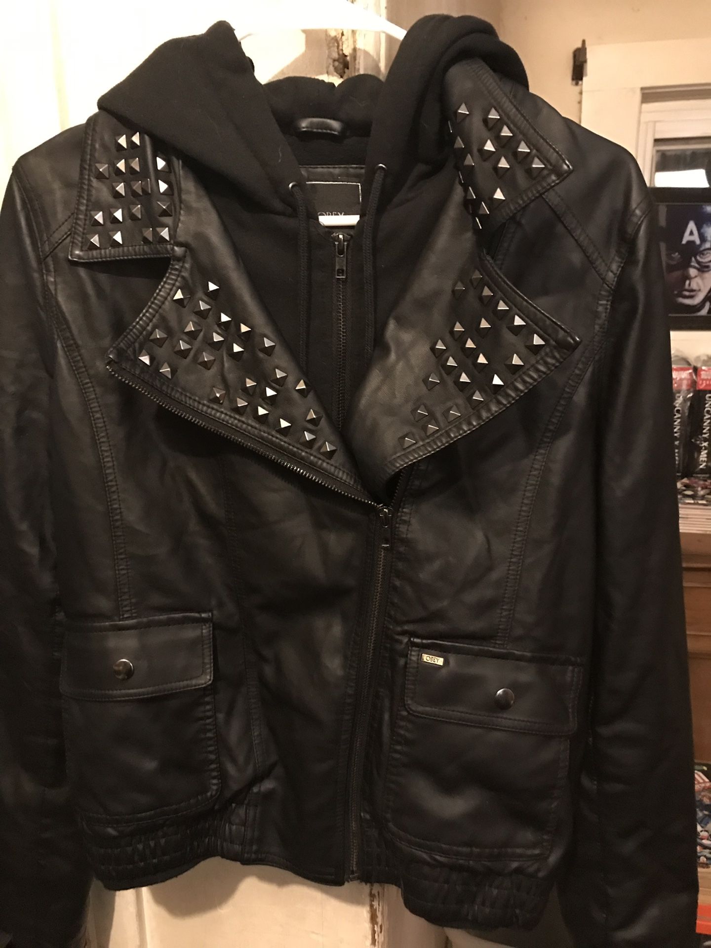 OBEY brand studded collar double layer double zipper leather jacket (womens large)