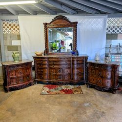 North Shore 9 Drawer Dresser Plus Mirror and 2 Nightstand 3 Drawers. Marble Top. 