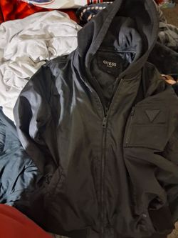 GUESS JACKET , TRUE RELIGION JEANS AND 2 MORE JACKETS SEE BELOW AND 4 MORE PAIRS OF JEANS AND A ROBE AND 2 SWEAT JUMP SUITS FIRST COME FIRST SERVE ALL