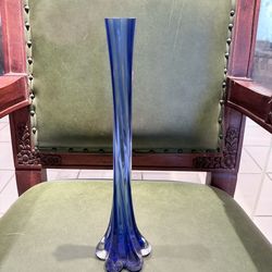 Vintage Bud Vase Cobalt Blue Hand Blown Clear 12" Tall Art Glass Twisted