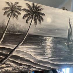 Hand painted Blk&wht Beach Scene Wall Art