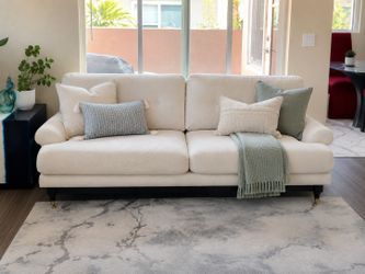 Cream Tufted Sofa Couch with Rolled Arms & Dark Base Elegant Modern Style