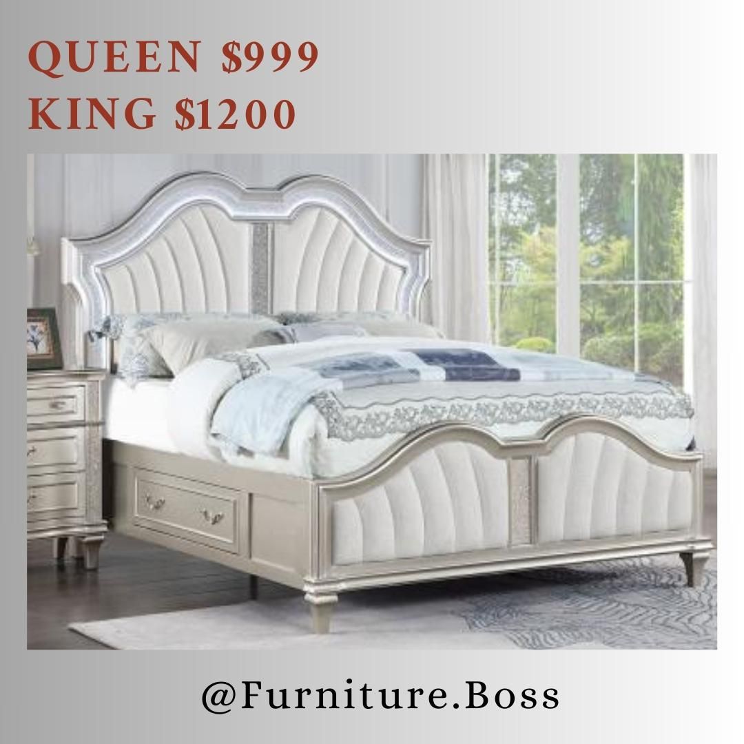 Glam Style Bed - Grey & White Queen Bed $999 / King Bed $1200 / Mattress Sold Separately