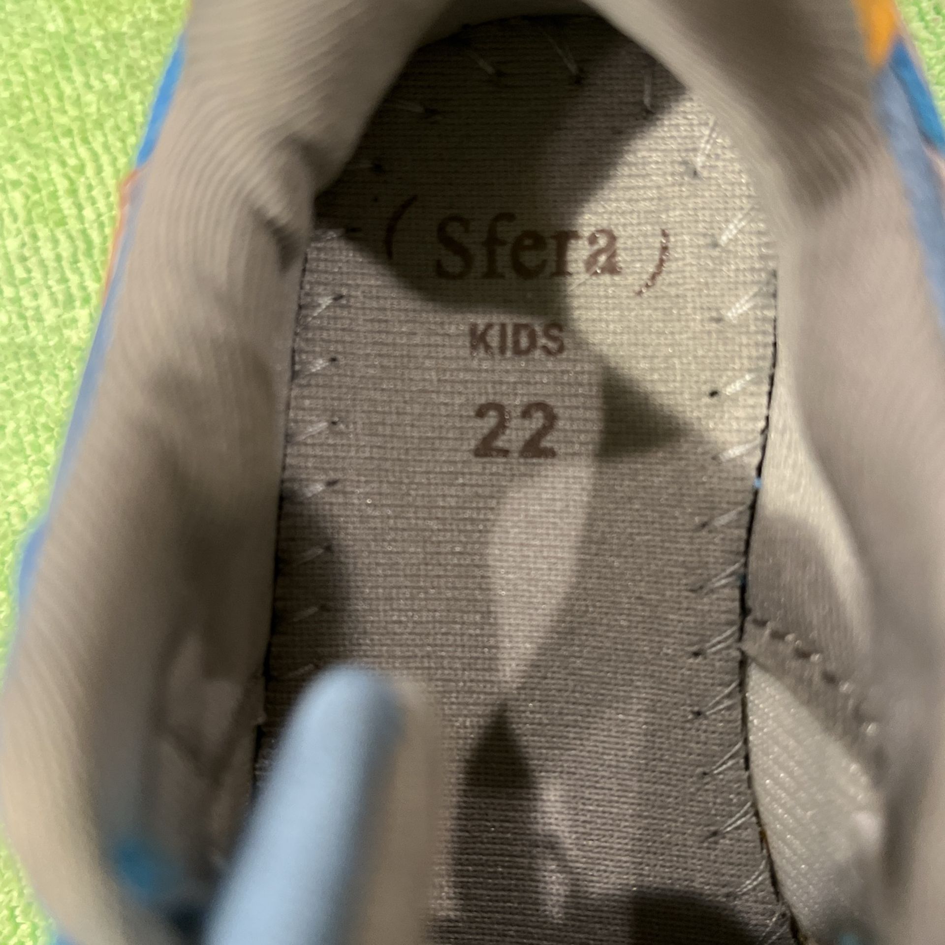 Sfera Made Shoes( Product Of Spain) Size 22 In Children’s’ Size; Equivalent to US Size 6. Purchased In Switzerland In Switzerland and paid 46 Euros