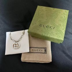 GUCCI Interlocking GG Logo Necklace Pendant Men Women Silver 925 certificate VG