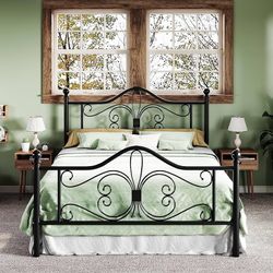 Full Size Platform Bed Frame, Butterfly Pattern Design, Black Wrought Iron-Art Headboard & Footboard, Under Bed Storage, No Box Spring Needed, Easy As
