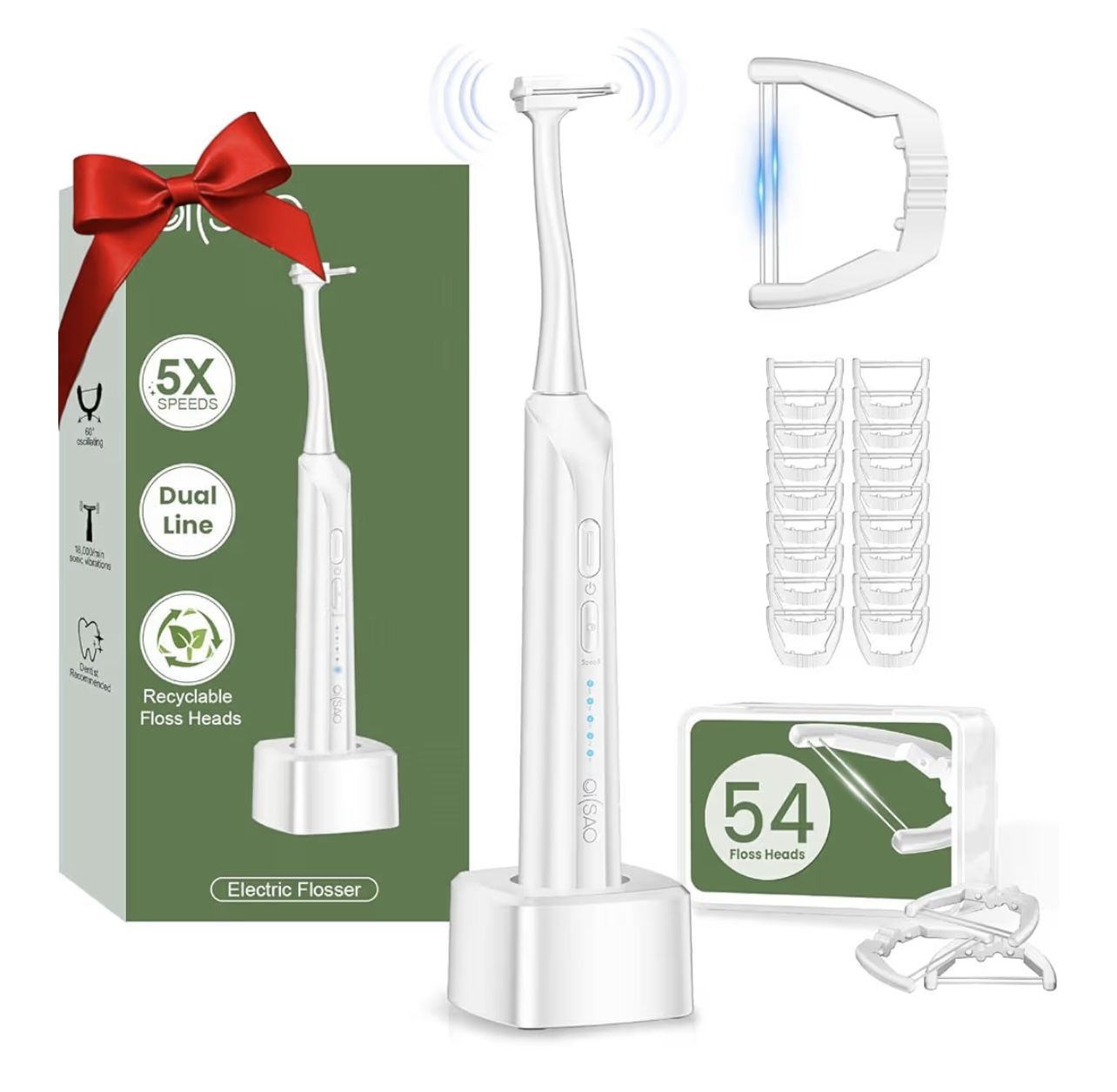Electric Flosser for Teeth, Water Flosser Alternative with 5 Speeds + 54 Refill Heads, 5X Cleaning & 60 Day Battery Life, Oscillation Gliding for Sens