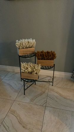 3-Tier Black Metal Plant Stand with Wooden Boxes