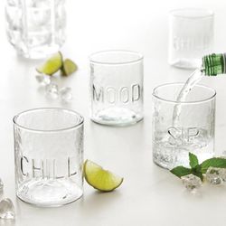 Set of 4 - 3.5" H/8 oz Hammered Glass - MOOD, SIP, and CHILL.  New in box.  Each set $15
