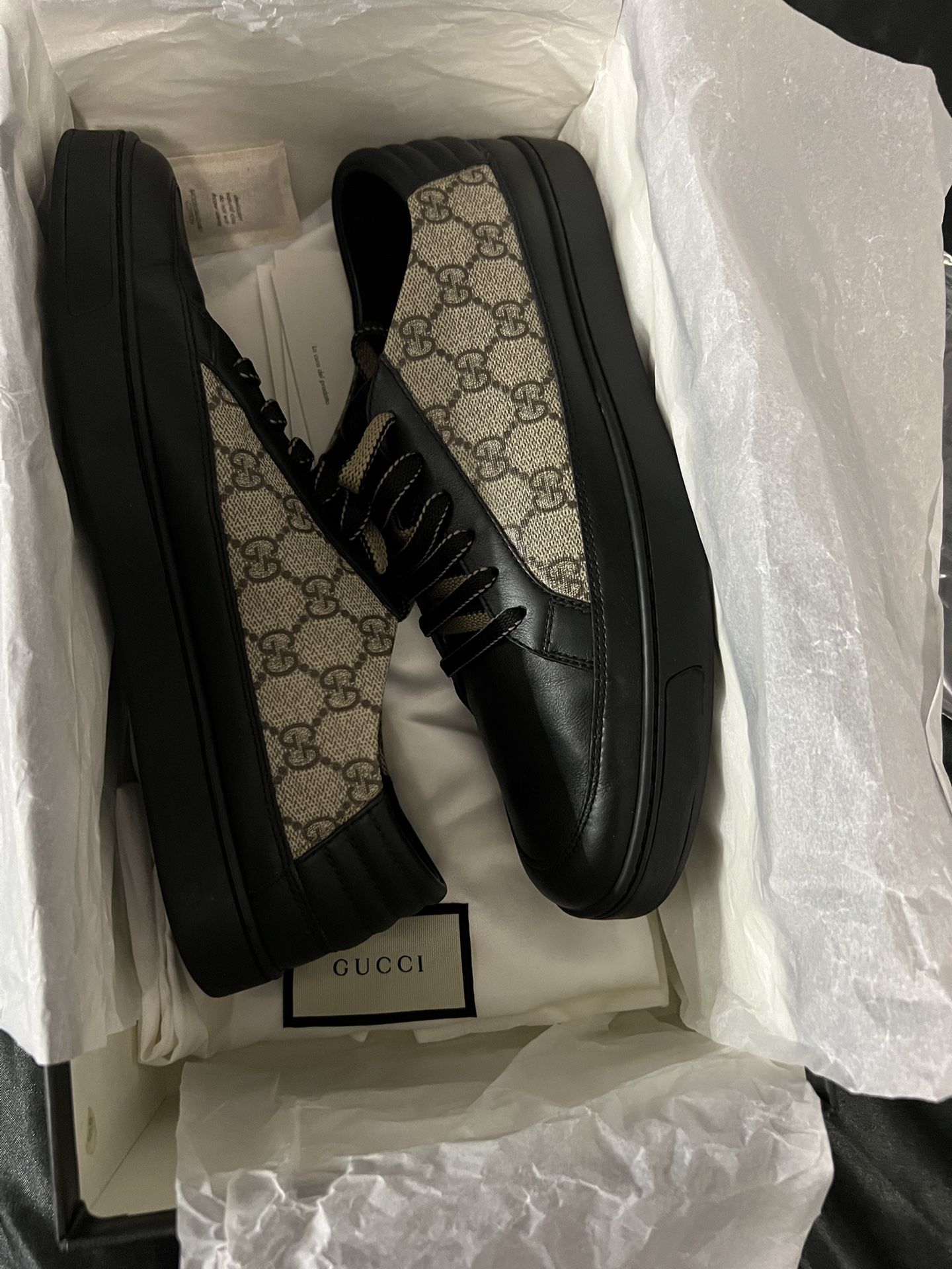 GUCCI Auth Men GG Supreme Black Tan Shoes Gucci Size G 9 +
