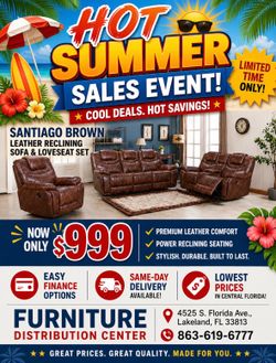 Limited time sale. Santiago Brown, leather reclining sofa and loveseat set only $999. Easy finance option. Same-day delivery.