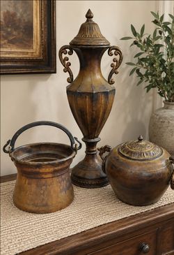 3-Piece Ornate Metal Decor Set – 24" Urn, Lidded Pot & Rustic Pail