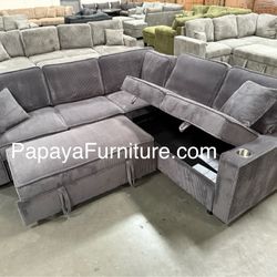 New L Shape Sectional Sofa Couch And Pullout Sleeper Bed USB Cup Holder Dark Grey