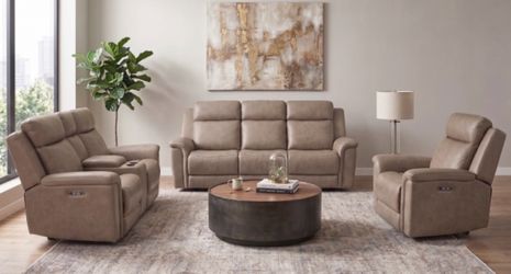 KHAKI GENUINE LEATHER POWER MOTION RECLINERS. FINANCING AVAILABLE