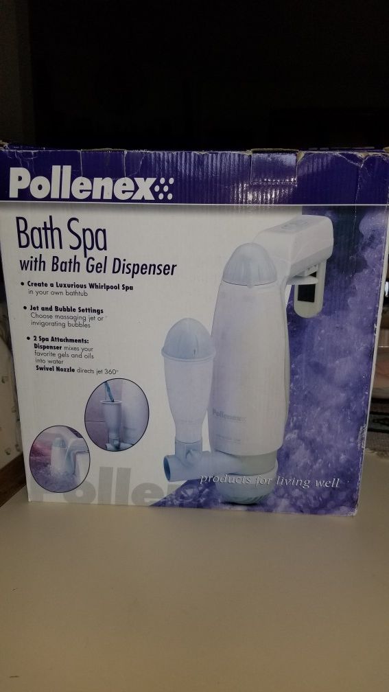 NEW IN BOX POLLENEX BATH SPA WITH BATH GEL DISPENSER. PICK UP MIDDLEBORO ONLY. FINAL SALE.