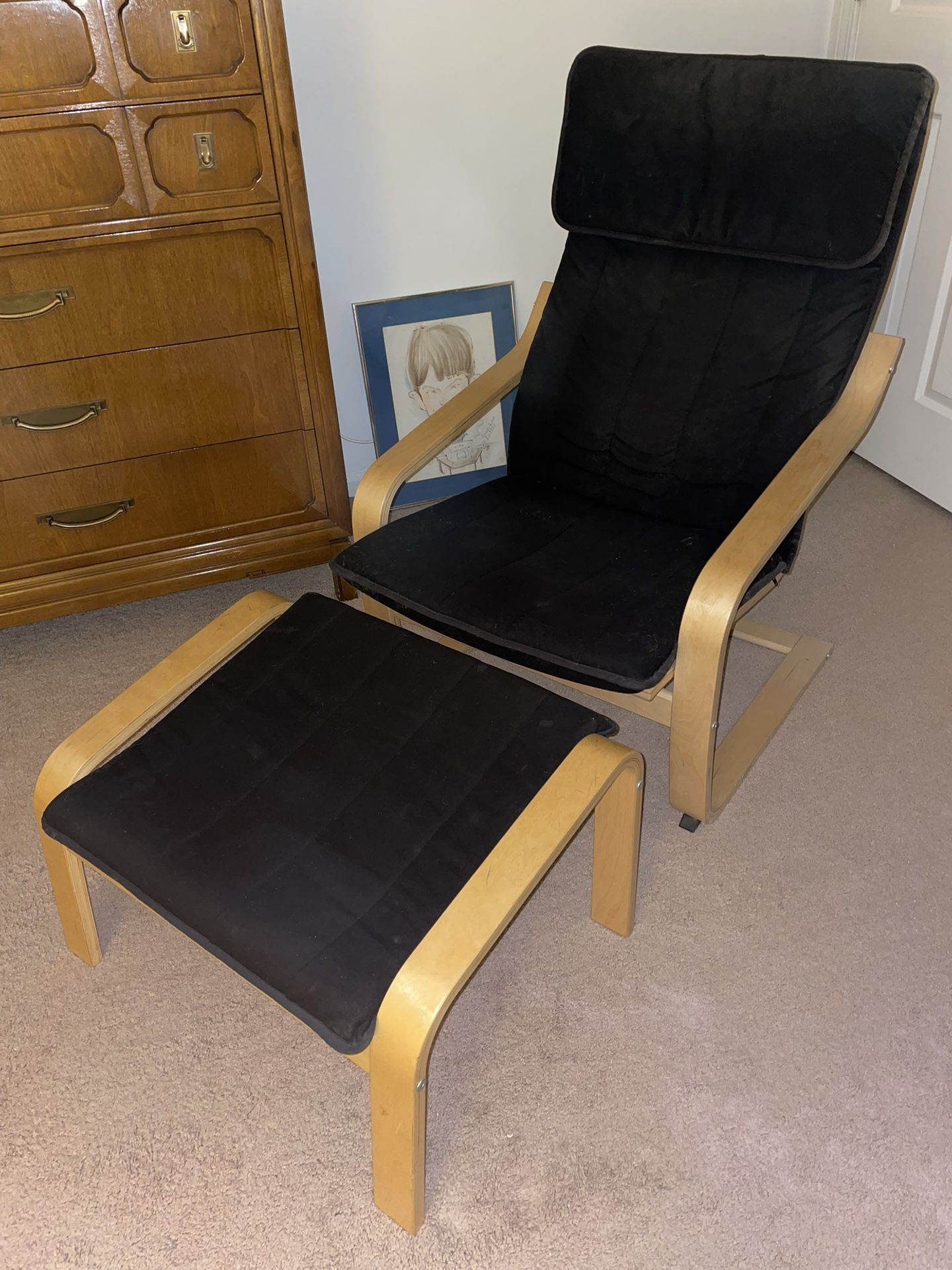 IKEA Armchair and Ottoman, Birch Wood, Black Cushions