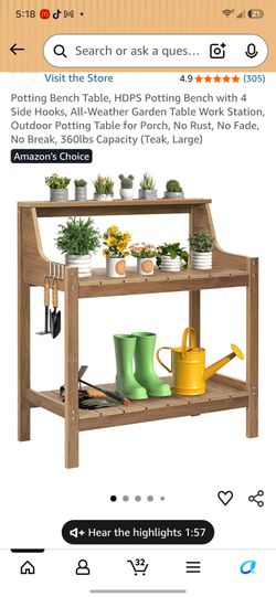 Potting Bench Table, HDPS Potting Bench with 4 Side Hooks, All-Weather Garden Table Work Station, Outdoor Potting Table for Porch, No Rust, No Fade, N