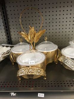 Serving Container 3 Compartment w/ lids & Handle Candy, Nuts, Dried Fruit - Gold Feather Accent