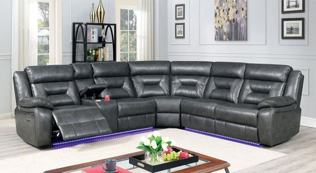 π₯π₯ Brand New Grey Leather Power Reclining Sectional Sofa w LED Lightsπ₯π₯