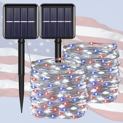 YAOZHOU 4th of July Patriotic Decorations Solar String Lights Outdoor Waterproof-Red White and Blue Lights,2Pack Each 100LED 33ft Lights,IP67 Waterpro