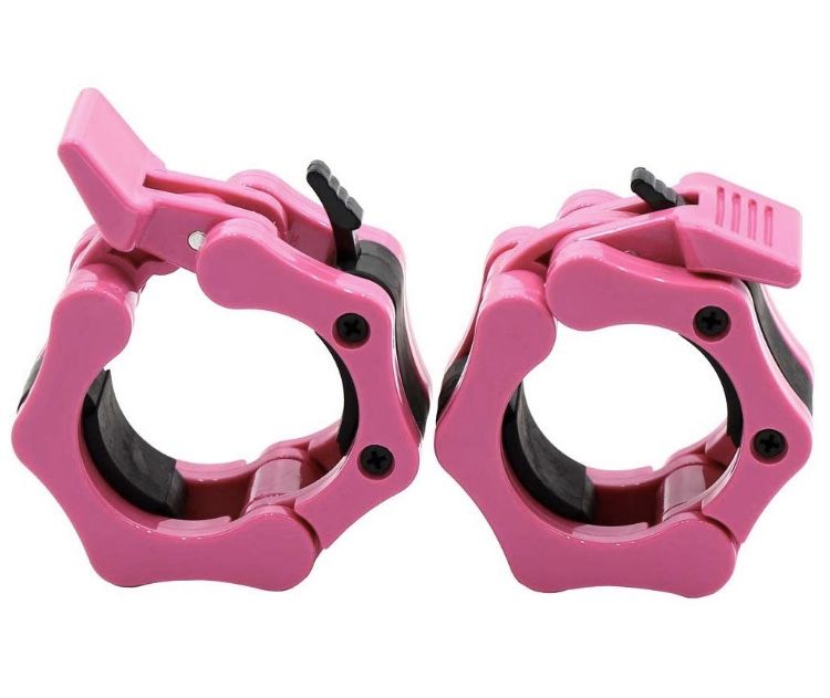 Olympic Barbell Clamps 2 inch Quick Release Pair of Locking 2" Pro Olympic Weight Bar Plate Locks Clips Weightlifting red and pink