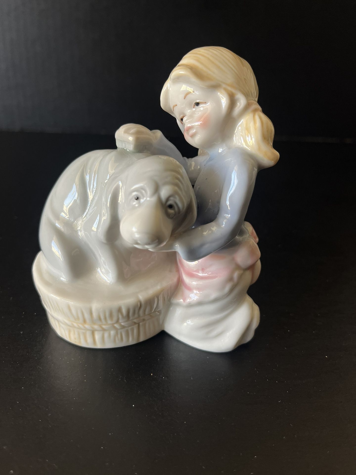 Vintage Porcelain Girl Washing Dog Figurine 