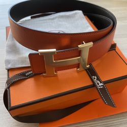 Hermes Pebbled Orange And Black Reversible Belt