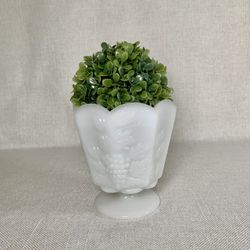 Vintage Milk Glass Pedestal Vase Planter Bowl Featuring Grape Vines With Artificial Topiary. 