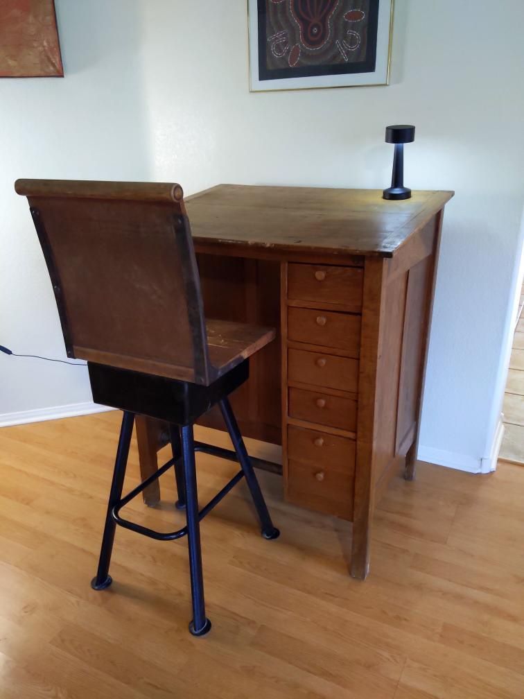 Antique Desk Oak Industrial Drafting Table with chair