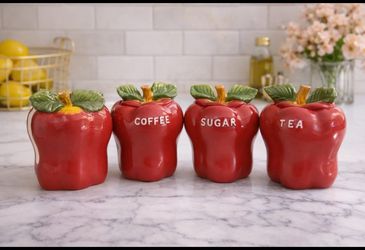 🍎 Vintage Apple Ceramic Kitchen Canister Set – Coffee, Sugar, Tea, Napkins