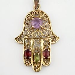14k gold hamsa gemstone pendant