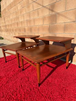 Mid-Century Modern Two-Tier Wood End Tables Pair