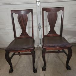 Vintage Set Of 2 T-back Dining Chairs With Leather Seat