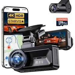 4K Dash Cam Front Rear with STARVIS Sensor, 128GB Card Included, G-Sensor Dash Camera for Cars with 3" IPS Screen, Night Vision Dashcam, 24H Parking M