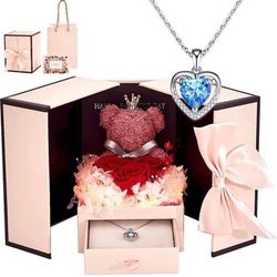 BRAND NEW Preserved Rose Moss Bear with 925 Silver Heart Necklace & LED Light