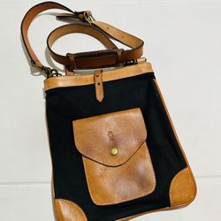 Sandast Leather And Canvas Crossbody Bag  Back hooks In order to roll up your sweater and attach it to the purse. Beautiful Bag. 