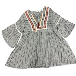 Sweet Magnolia Boho Tunic Blue Stripe Embroidered 3/4 Bell Sleeve Large