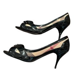 Burberry Open toe black patent leather and canvas heels/ shoes 37 Authentic