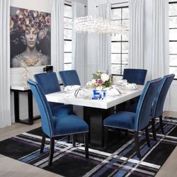 Blue 7-piece Genuine Marble Dining Room Set, Table And Chairs,  Comedor 