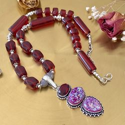 Titanium Druzy And Natural Garnet 925 Sterling Silver Overlay Handcrafted Beaded Necklace