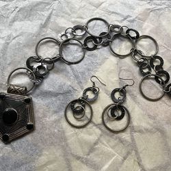 Gothic Black Stone Pewter Hexagon Pendant Ring Chain Necklace & Earrings Set