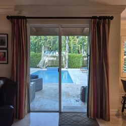 96 Inch Striped Drapes With Wooden Rail. 