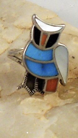 Multi stone Inlay Sterling Silver Owl Ring