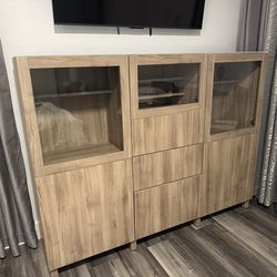 Modern Wood Sideboard Buffet Cabinet with Glass Display Doors and Storage Drawers