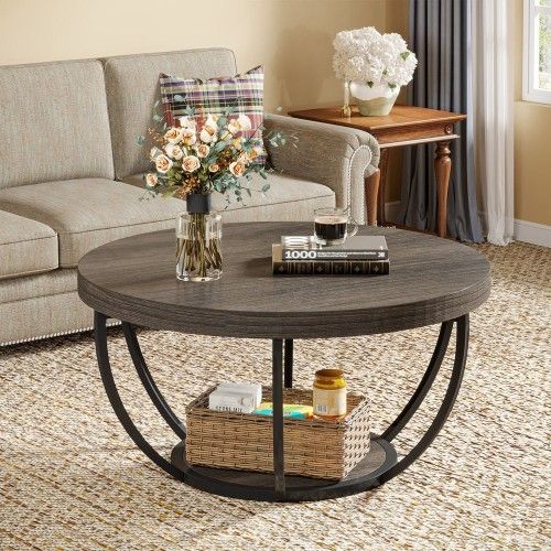 Round Coffee Table, 31.7" Wooden 2-Tier Circle Coffee Table with Storage Shelves, Modern Accent Cocktail Table Center Table for Living Room, Grey
