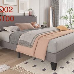 Queen Size Bed Frame with Adjustable Headboard, Linen Fabric Upholstered Platform Bed Frame Q02