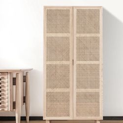 Gorgeous Cottage 2-Door Rattan Closet with Hidden Drawer - Natural Woven Cabinet Ash