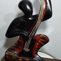 HAND CARVED - PAINTED WOODEN MUSICIAN SCULPTURE 14"×7"